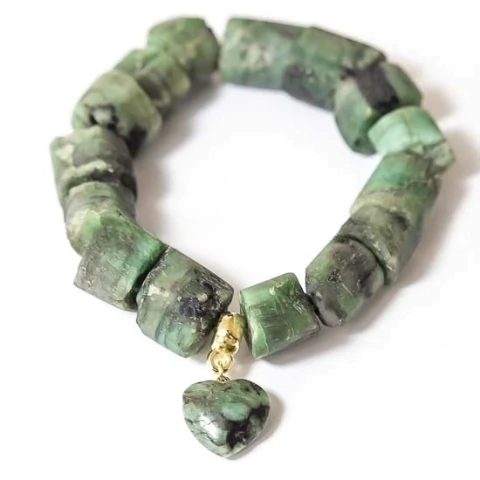 Pulseira Coração Esmeralda Pedra Natural Rolado Silicone