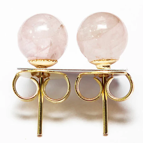 Brinco Bolinha Pedra Quartzo Rosa Pino Tarracha Dourado