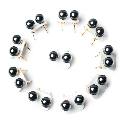 10 Brinco Bolinha Pedra Hematita Pino Tarraxa Banho Dourado