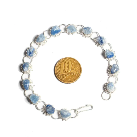 Pulseira Margarida Pedra Quartzo Azul Montagem Prateado