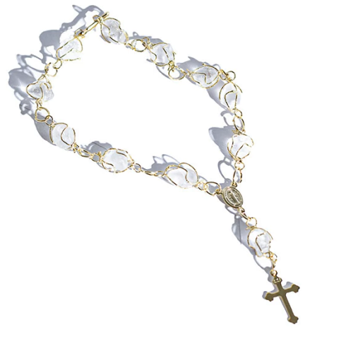 05 Pulseira Terço Pedra Cristal Rolado Na Gaiola Dourado