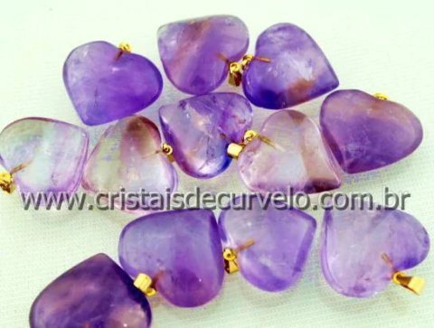 10 Pingente Coração AMETISTA Pedra Quartzo Lilas DOURADO