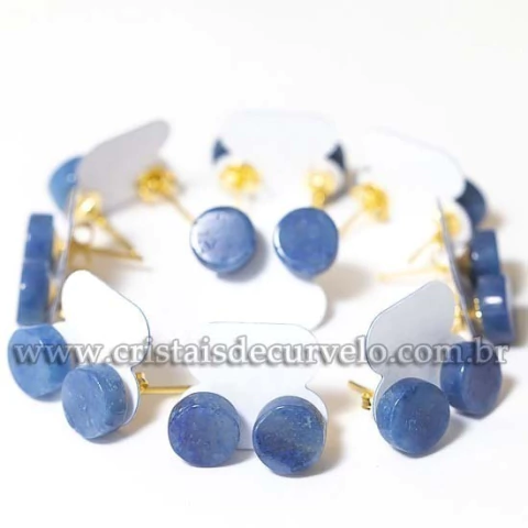 05 Brinco Button Pedra Quartzo Azul Natural Montagem Dourado