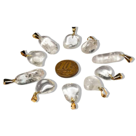03 Pingente Pedrinha Quartzo Cristal Rolado Dourado