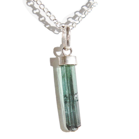 Colar Canudo Pedra Turmalina Azul Bruto Envolto Prata 950