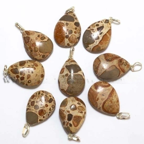 05 Pingente Gota Jaspe Leopardo Natural Leopardita Pino Prata 950 Atacado