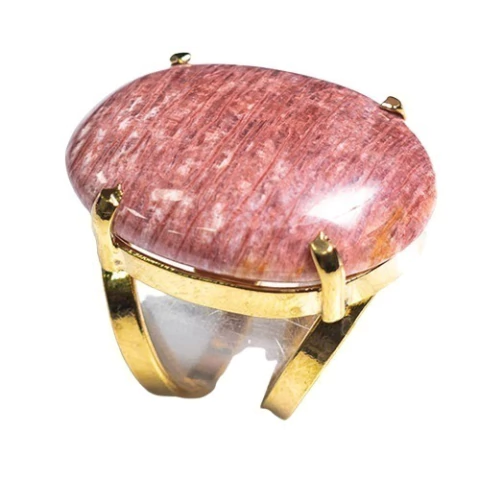 Anel Nlux Oval Amazonita Vermelha Aro Dourado Ajustável