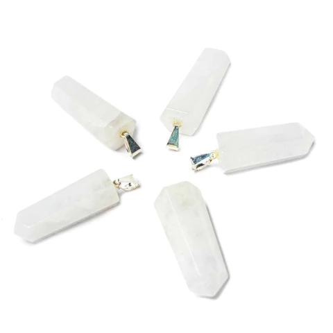 05 Pingente Pontinha Pedra Quartzo Leitoso Presilha Pino Prateado Atacado