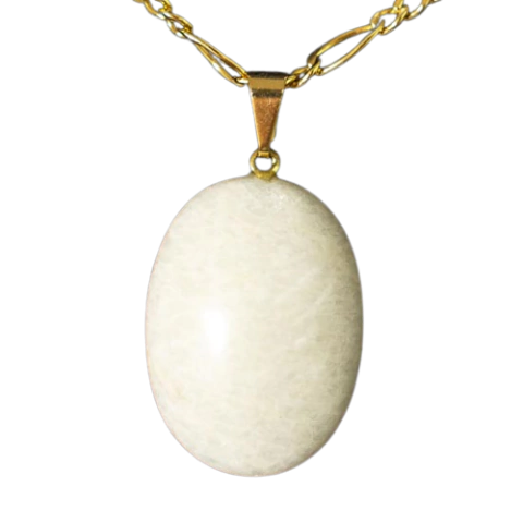 Colar Cabochão Feldspato Branco Pino Dourado