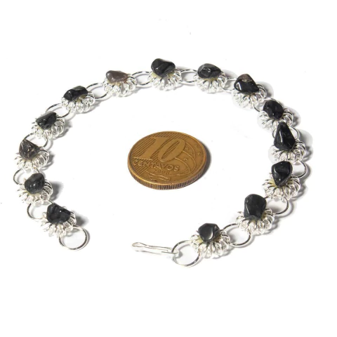 Pulseira Margarida Pedra Turmalina Preta Rolada Prateado