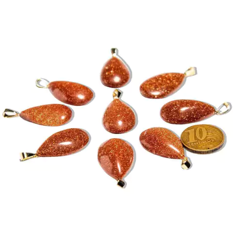 05 Pingente Gota Pedra do Sol Lapidado Montagem Pino Dourado Atacado