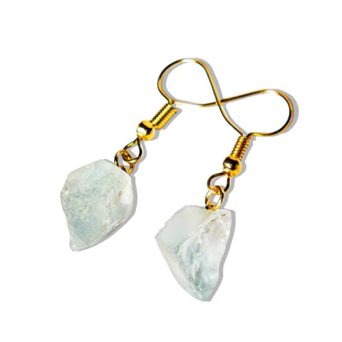 Brinco Topázio Azul Pedra Bruta Natural Anzol Dourado