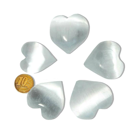 05 Coração Selenita Pedra Natural Polido 3,5 a 4 cm Tipo A