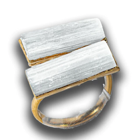Anel 2 Canudo Pedra Selenita Natural Aro Ajustável Dourado