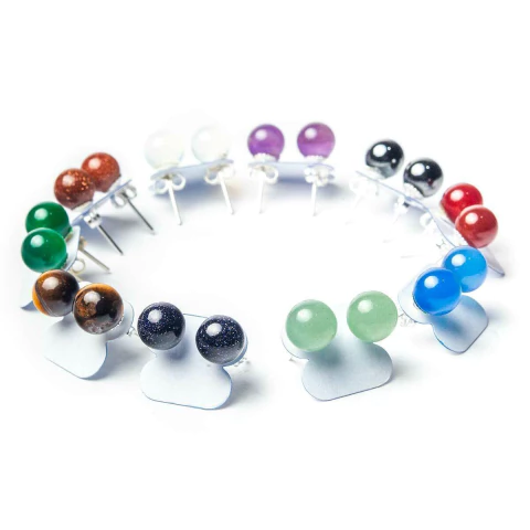 50 Brinco Bolinha Pedras Mistas Naturais Tarraxa Banho Prateado