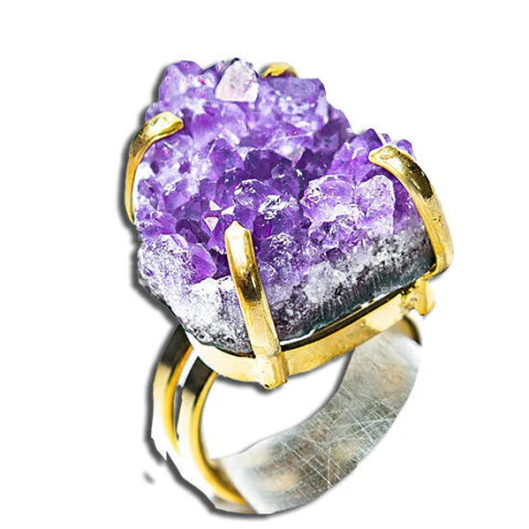 05 Anel Drusa Ametista Tamanho Médio Aro Ajustável Dourado