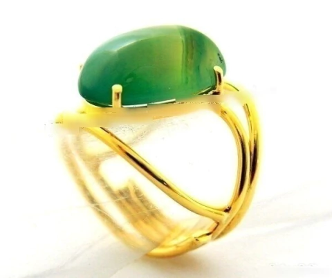 03 Anel Agata Verde Cabochão Oval Pequeno Dourado