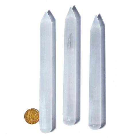 05 Bastão Lápis Massageador De Selenita Branca 15cm