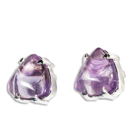 Brinco Trillion Pedra Ametista Natural Garra Banho Prateado