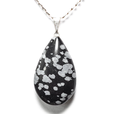 Colar Gota Obsidiana Flocos de Neve Pedra Natural Prateado