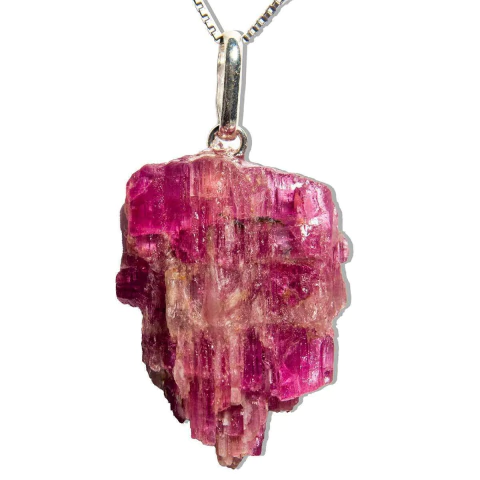 Colar Turmalina Rosa Bruto Natural Pino Prata 950