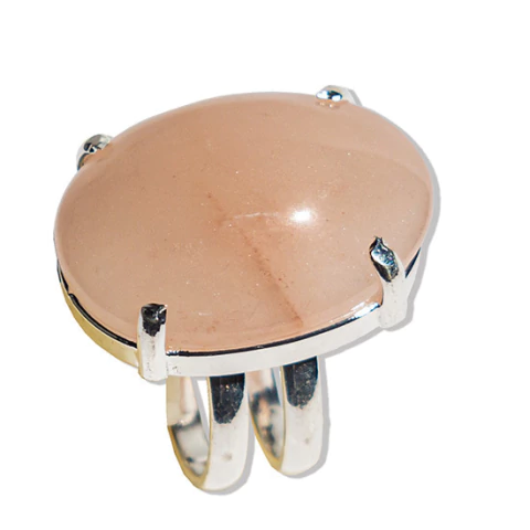 Anel Cabochão Oval Quartzo Goiaba Prateado Aro Ajustável