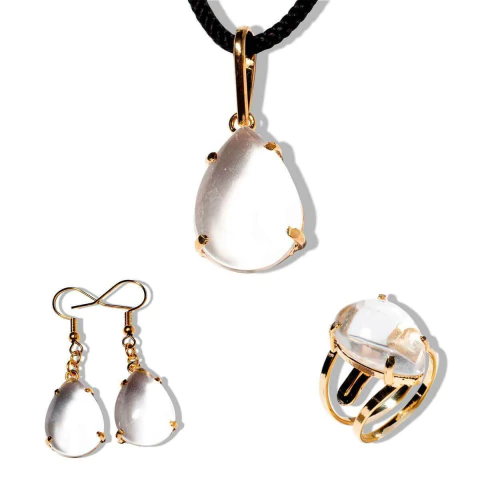 Conjunto Anel Brinco E Pingente Cristal Natural Banho Ouro