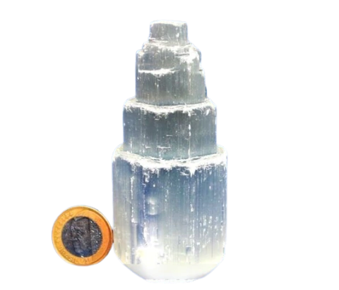 Torre Selenita Branca 10Cm Entalhada Pedra Natural