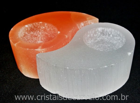 Porta Vela kit Yin Yang Pedra Selenita Branca e Laranja Importado Marrocos REEF 3897
