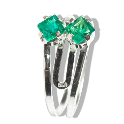 Anel 2 Gema Esmeralda Quadrado Prata 950 Ajustável