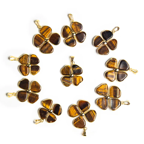 10 Pingente Trevo da Sorte 4 Olho de Tigre Pedra Natural Dourado