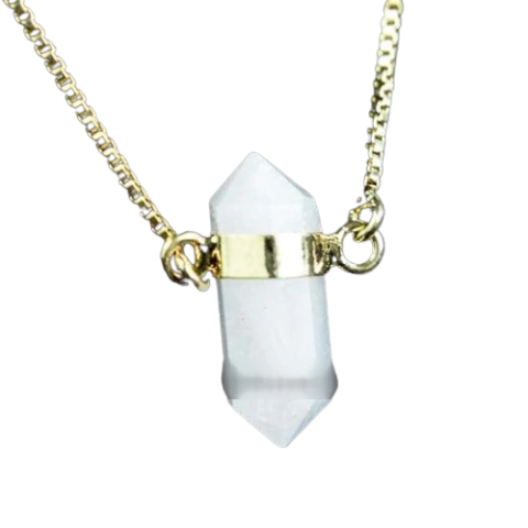Colar Pedra Quartzo Leitoso Micro Bi Ponta Natural Dourado