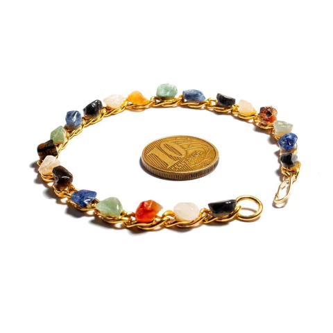 Pulseira Corrente Pedra Mistas Natural Rolada Dourado