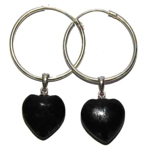 Brinco Argola Coração Pedra Quartzo Preto Natural Prata 925
