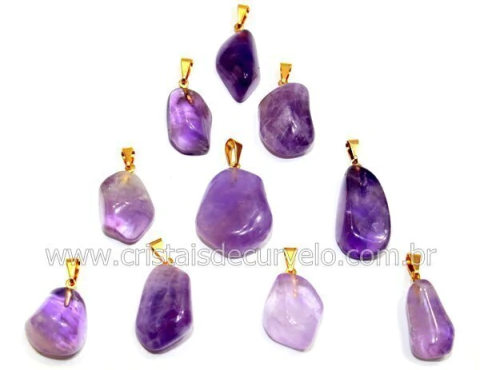 10 Pingente Pedrinha Ametista Rolado Dourado Atacado