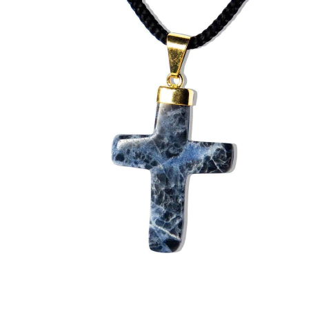 Colar Crucifixo Sodalita Azul Pedra Natural Envolto Dourado