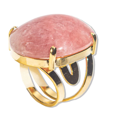 03 Anel Quartzo Morango Cabochão Oval Montagem Dourado