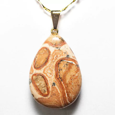 03 Pingente Gota Pedra Jaspe Leopardo Montagem Pino Dourado Atacado