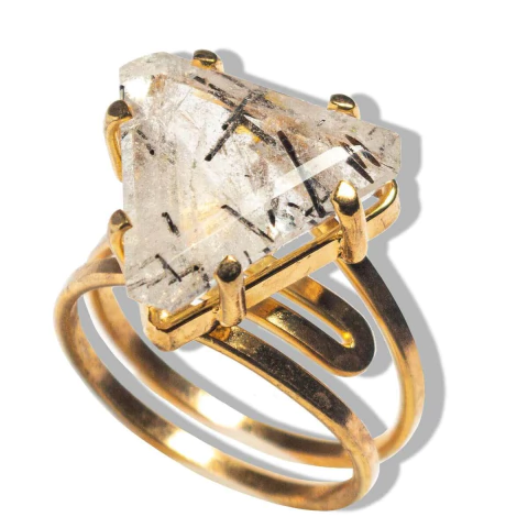 Anel Turmalina Incrustada Facetada Dourado Ajustável