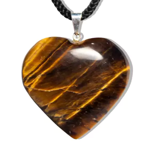 Colar Coração Olho De Tigre Pedra Natural Banho Prateado