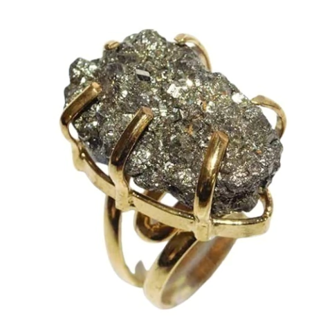 Anel Drusa Pirita Extra Natural Aro Ajustável Garra Dourado