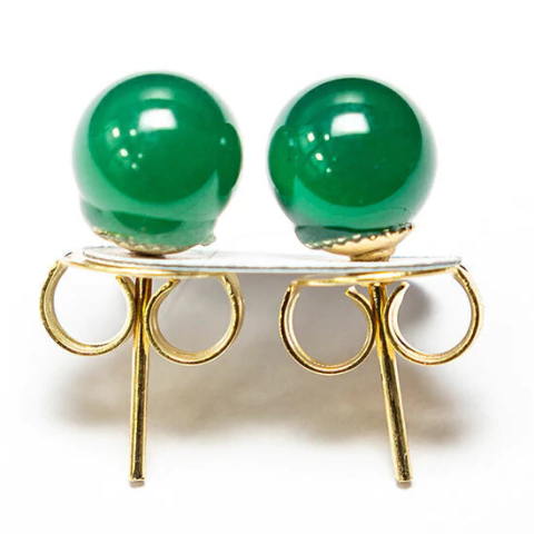 Brinco Bolinha Pedra Agata Verde Tarraxa Banho Dourado