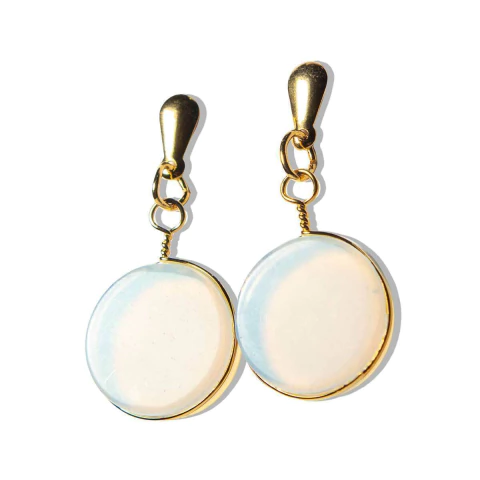 Brinco Disco Pedra da Lua Opalina Tarracha Dourado