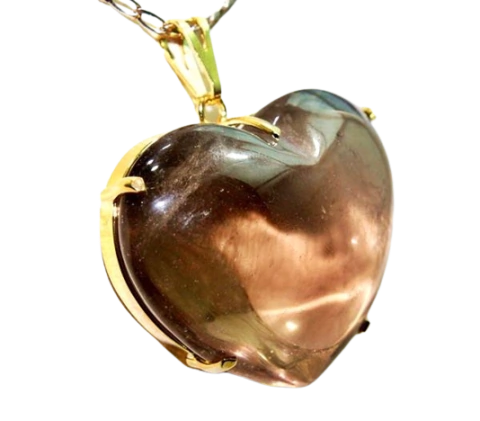 Colar Gigante Coração Quartzo Fumê na Garra Dourado