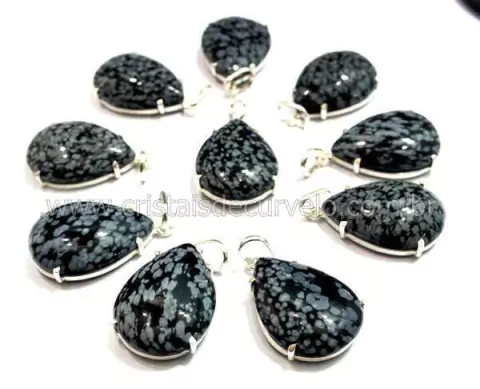 5 Pingente Gota Obsidiana Flocos de Neve Prata 950 Garra