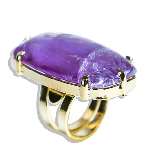 05 Anel Pedra Ametista Retangulo Cabochão Dourado Aro Ajustavel
