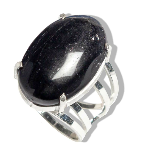 Anel Turmalina Preta Cabochão Oval Prata 950 Aro Ajustável