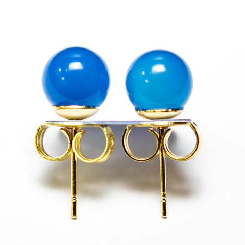 Brinco Bolinha Pedra Agata Azul Pino Tarraxa Banho Dourado