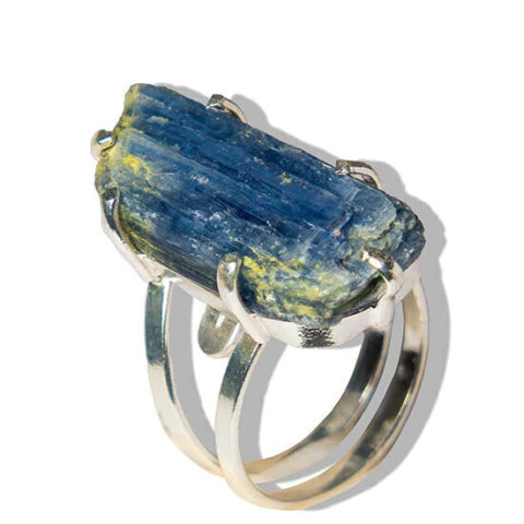 Anel Cianita Azul Montagem Garra Prateado 20 a 25mm