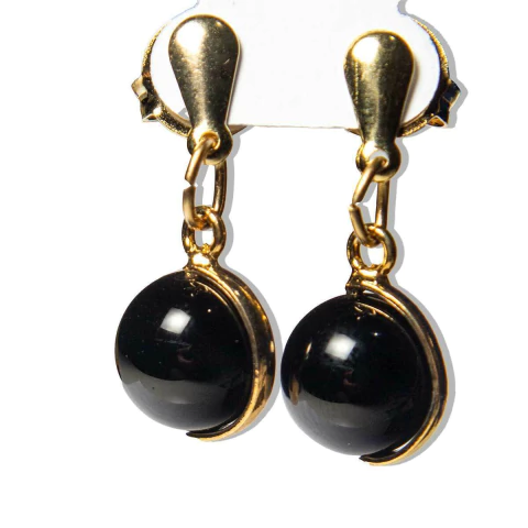 Brinco Bolinha Pedra Obsidiana Negra Meia Lua Pino Dourado